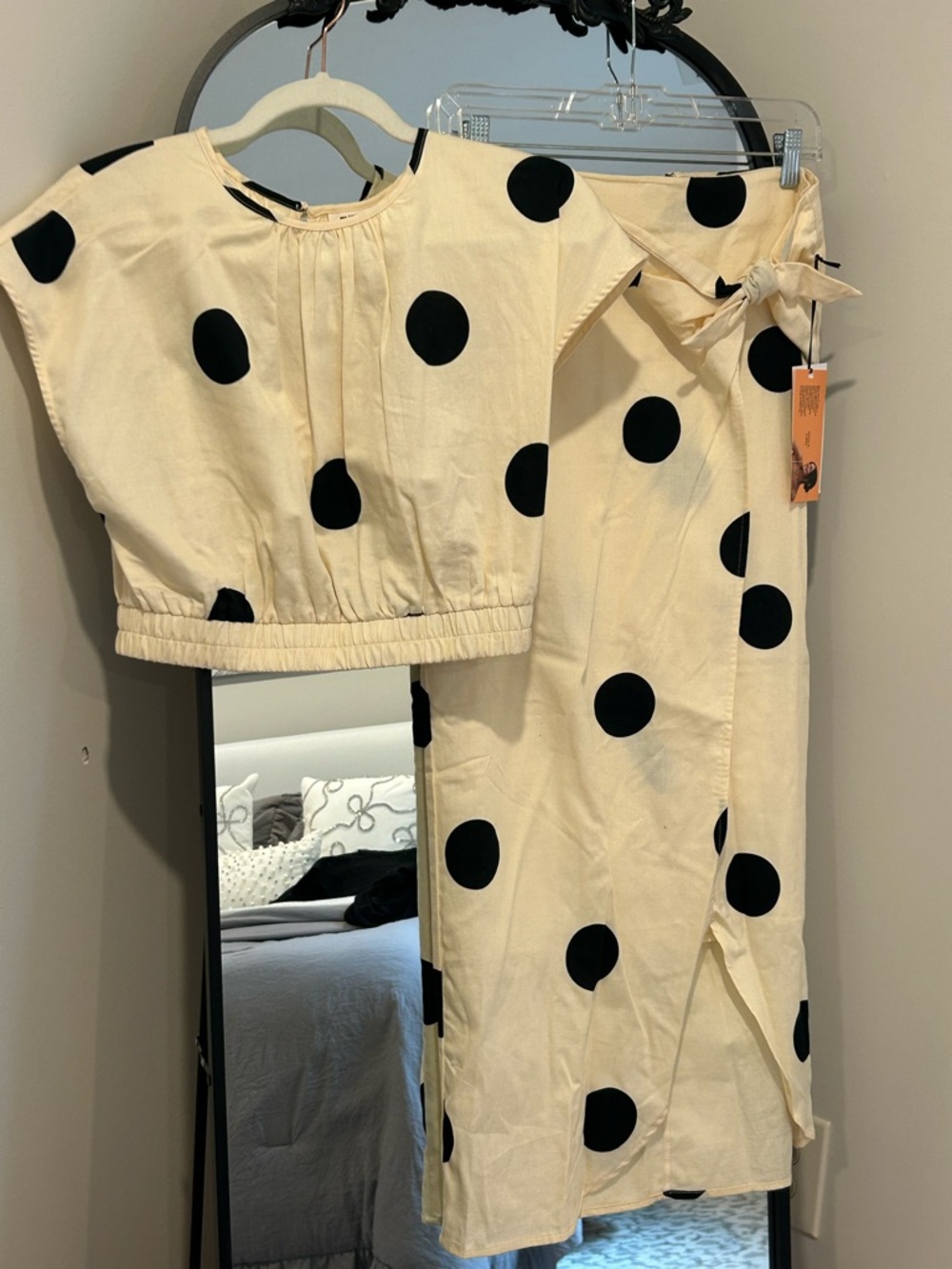 Cream Polka Dot Skirt Set with Black Dots - Sm/6
